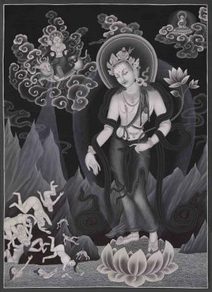 Padmapani Avalokiteshvara Thangka Painting | Minimalistic Painting with Black and White Art Style